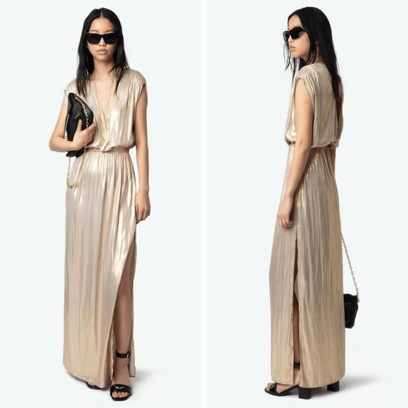 Zadig & Voltaire Dresses & Skirts - Zadig & Voltaire Ritmic gold satin dress maxi metallic goddess draped size large